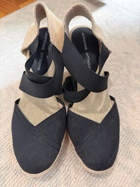 Adrienne Vittadini Black Canvas Crisscross Slingback Wedges